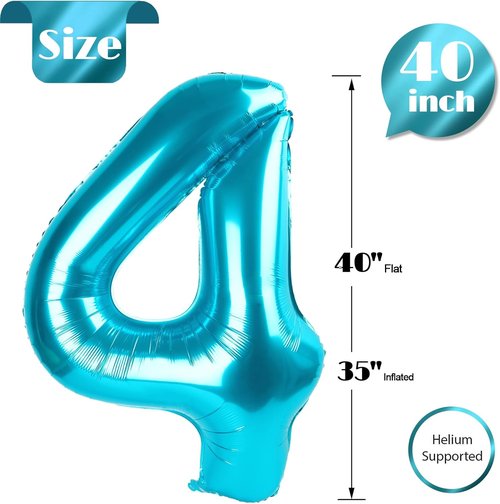 Blue Number 4 Balloon - 40 Inch Large Party Decoration for 4th Birthday Celebrations