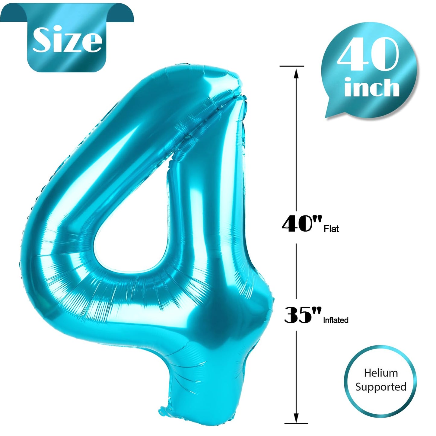 4 Balloon, Blue Number Balloons 40 Inch, 4th Blue Party Decorations, 4 Year Old Four Large Numbers for Party Decor, Number 4 Balloon