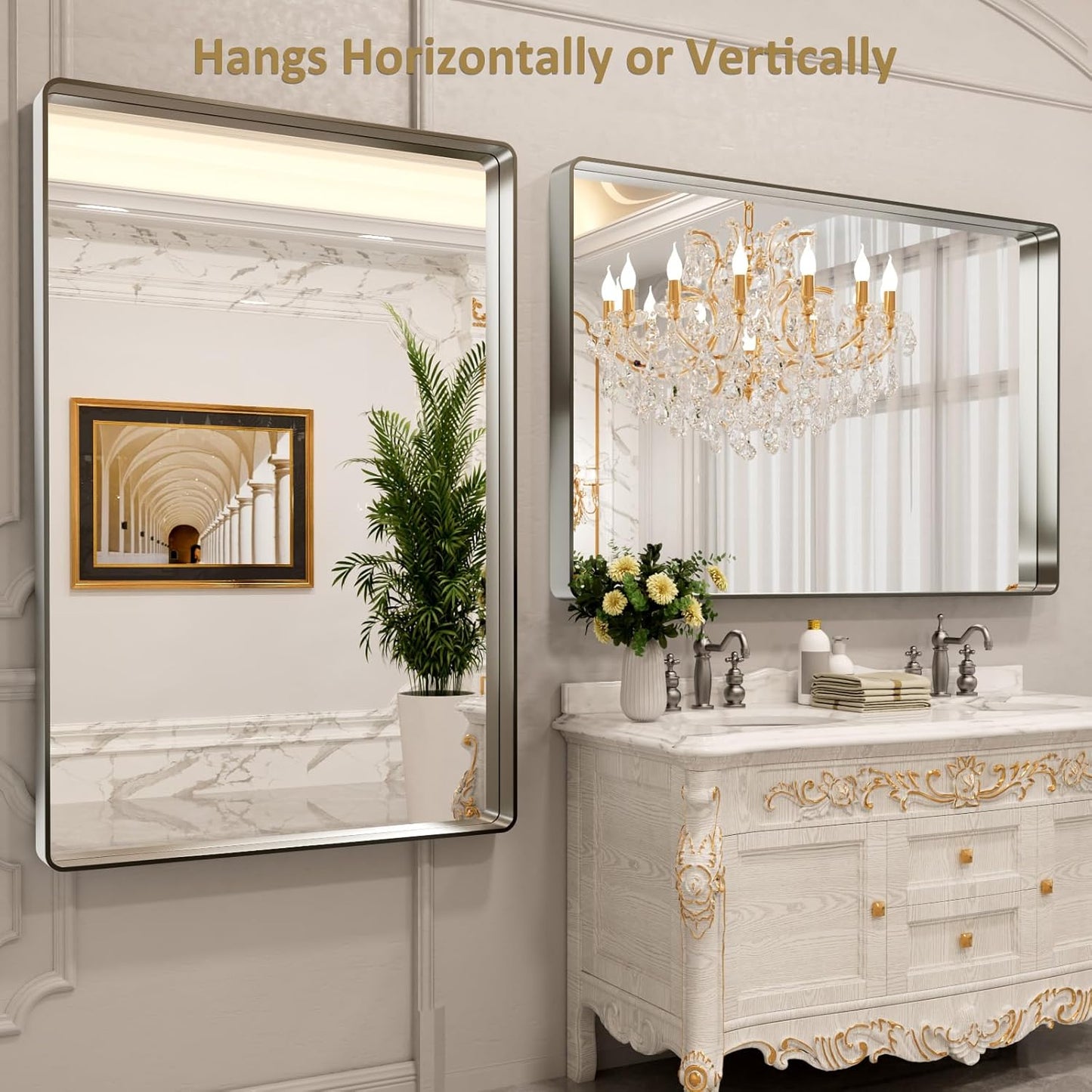 LOAAO Brushed Nickel Bathroom Mirror - 60x40 Inch Rounded Rectangle Design | Anti-Rust, Shatter-Proof, Versatile Hanging Options