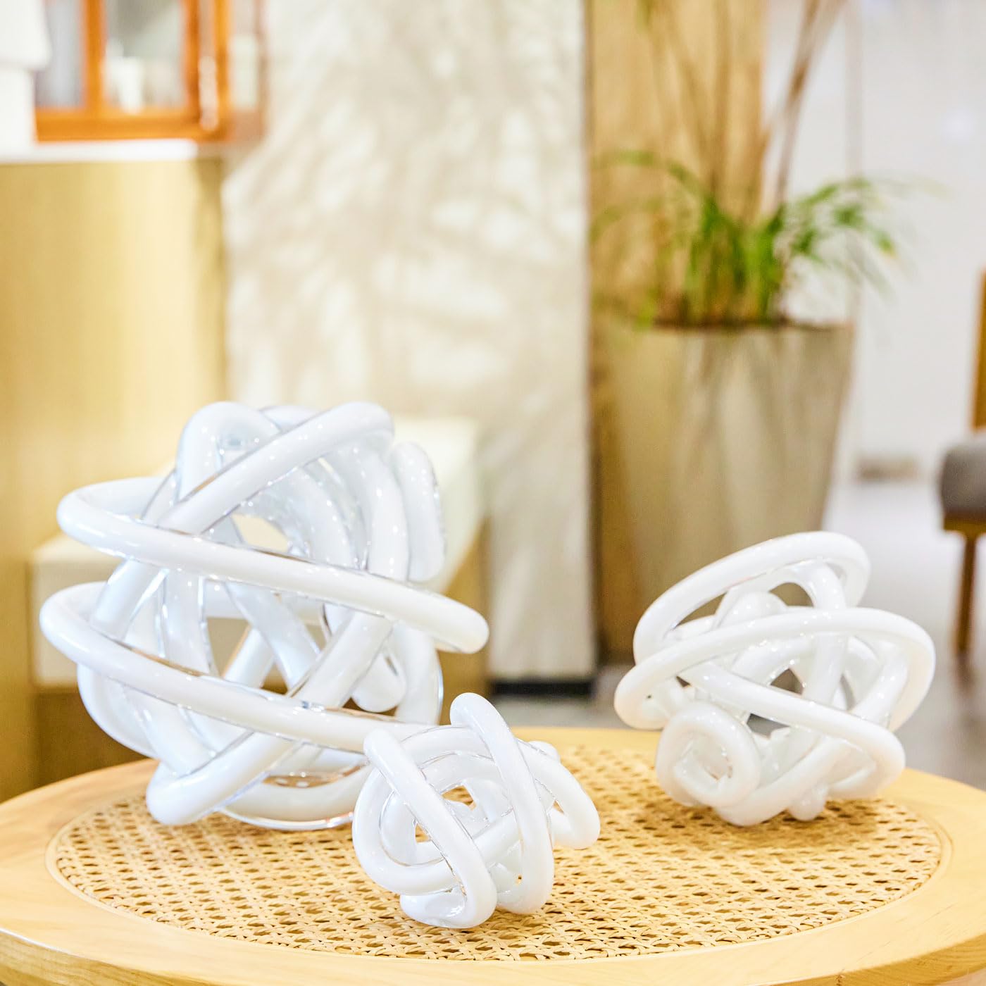 Luxury Lane Hand Blown Infinity Knot Sommerso Art Orbit Glass Ball for Home Decor 8 inch Tall Centerpiece Table Decoration White