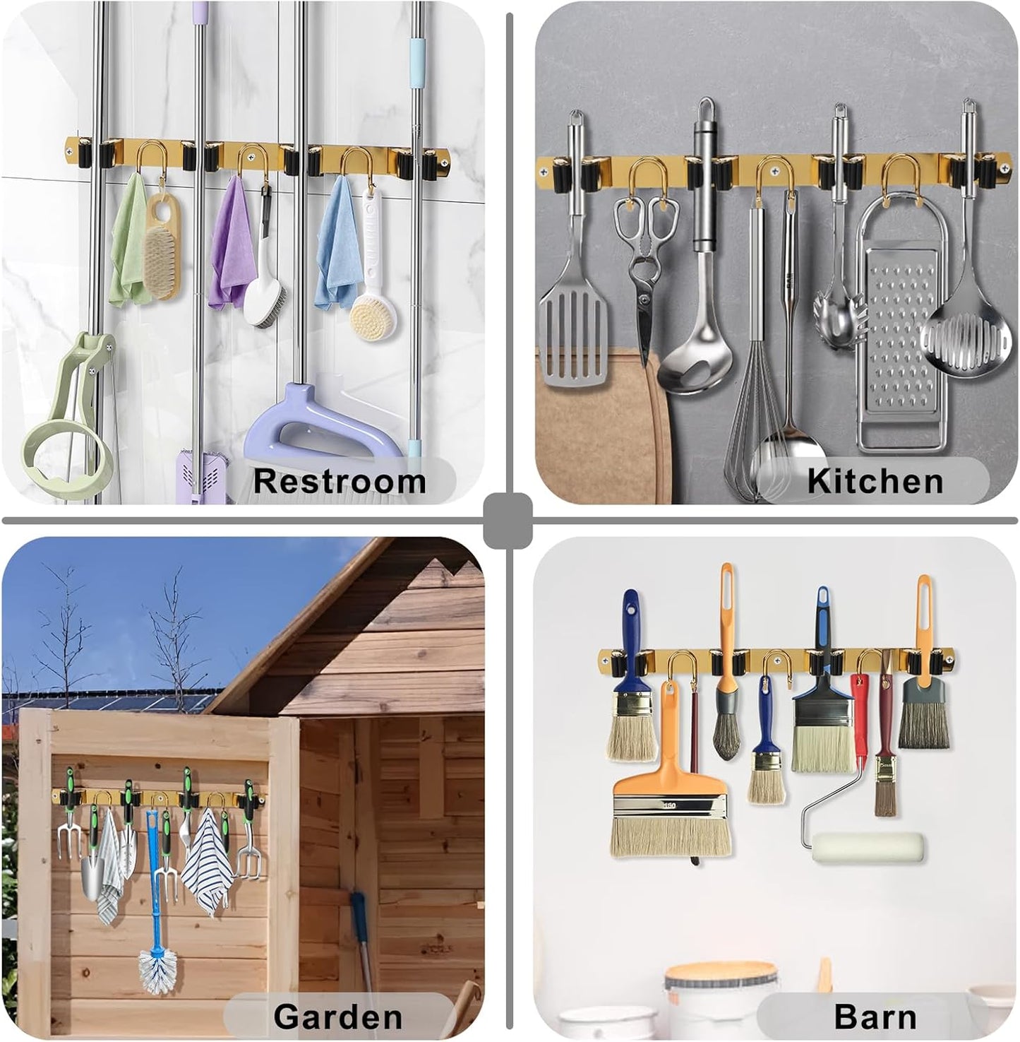 Skiennix Mop Broom Holder Wall Mount - Gold Stainless Steel Organizer with 4 Slots & 6 Hooks