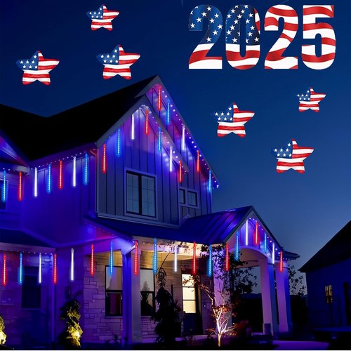 4th of July Decorations Outdoor, USA 250th Anniversary Red White and Blue Solar Meteor Shower Lights, 18 Tubes 432 LEDs Waterproof Patriotic String Lights for Independence National Memorial Day Decor