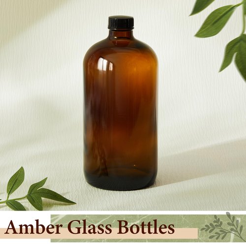 Cinnvoice 6 Pcs 32 oz Amber Boston Glass Bottles Brown Glass Bottles with Airtight Lids Quart Sized Beer Growler Dark Juice Jars for Kombucha Brewing Essential Oils Vanilla Extract Lab Holiday Gift