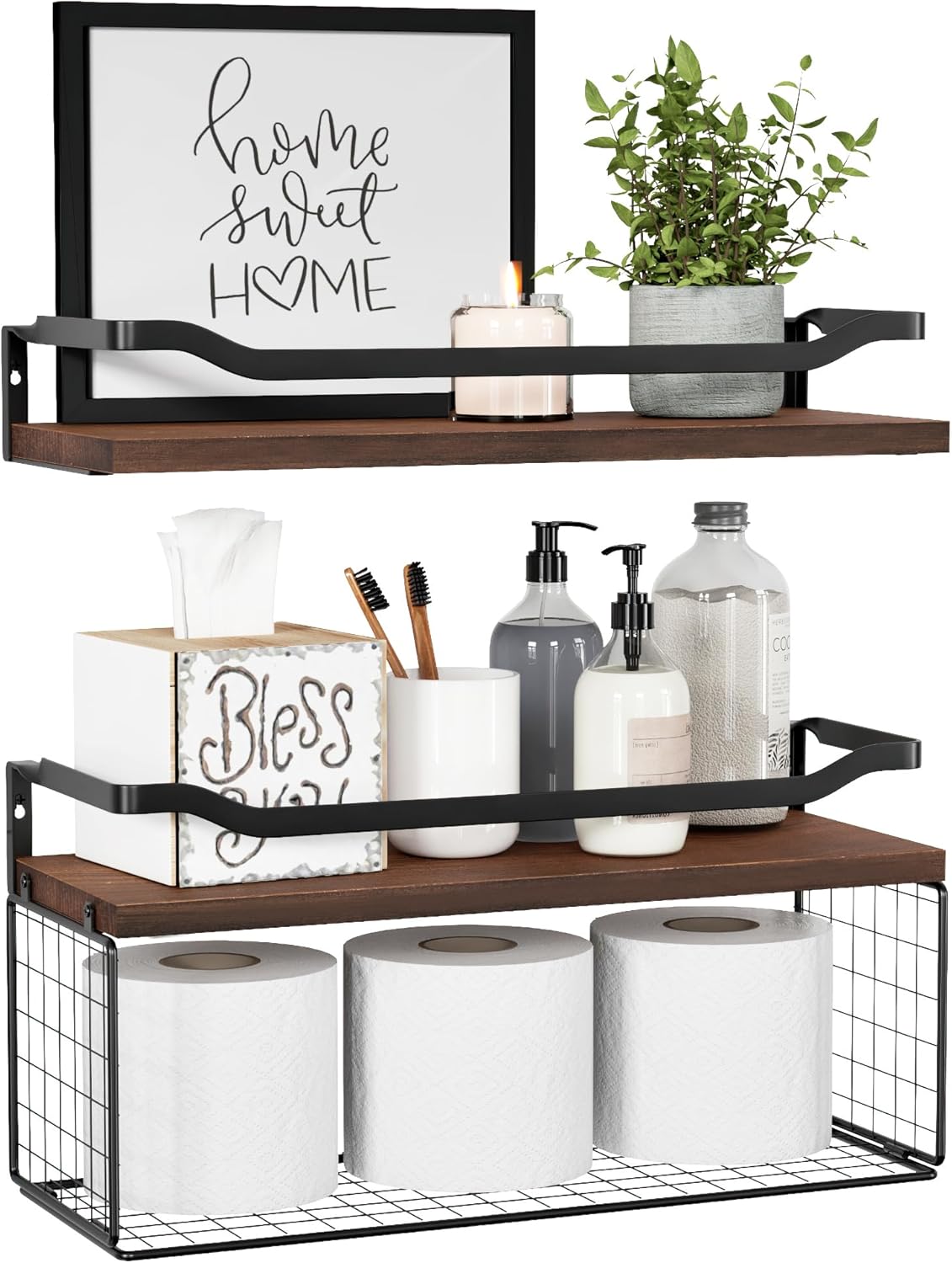 WOPITUES Floating Shelves - Wood Wall Storage with Wire Basket & Metal Guardrail - Dark Brown