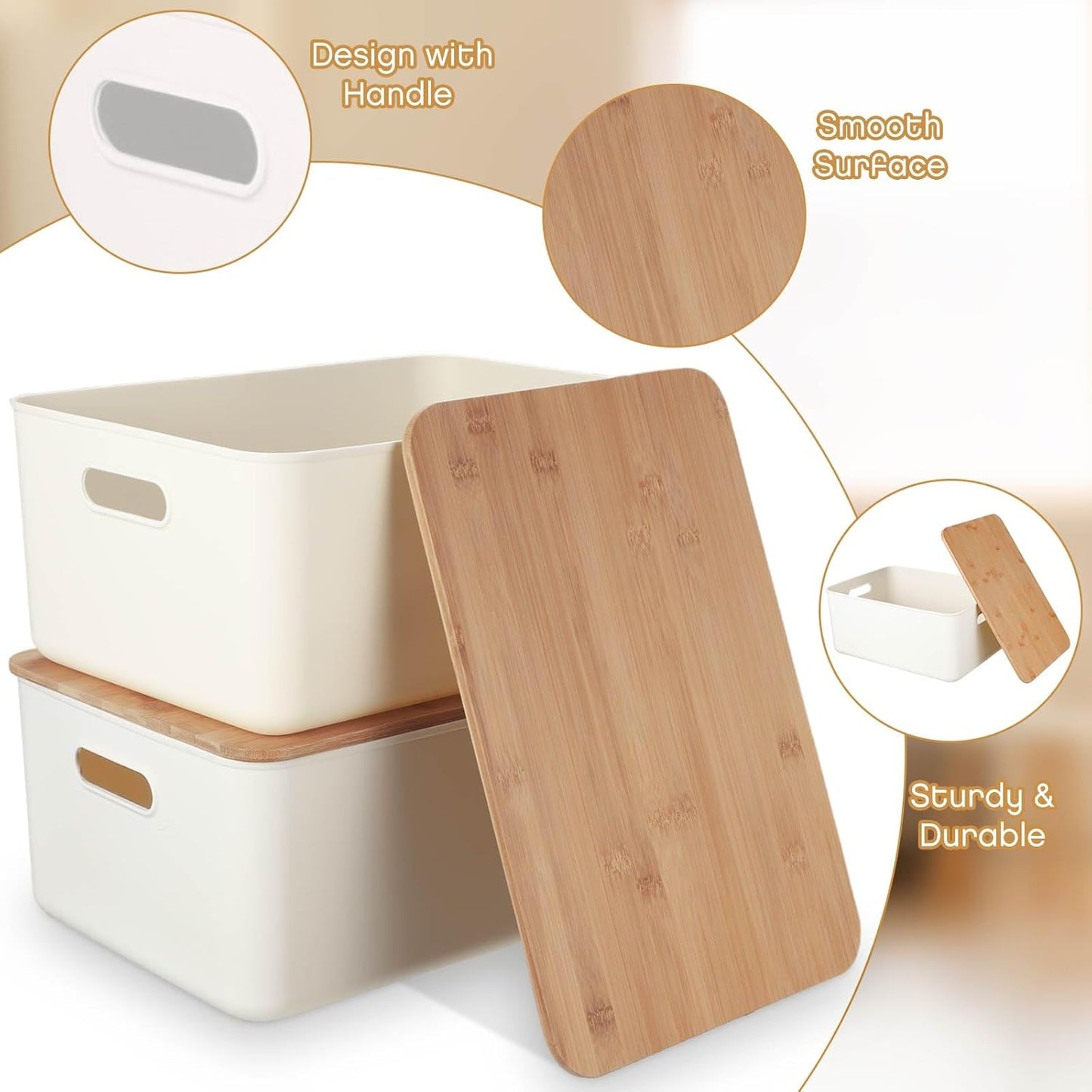 Suzile Plastic Storage Bins - 6 Pack Stackable Containers with Bamboo Lids for Organizing Ornaments & Documents | Multiple Sizes