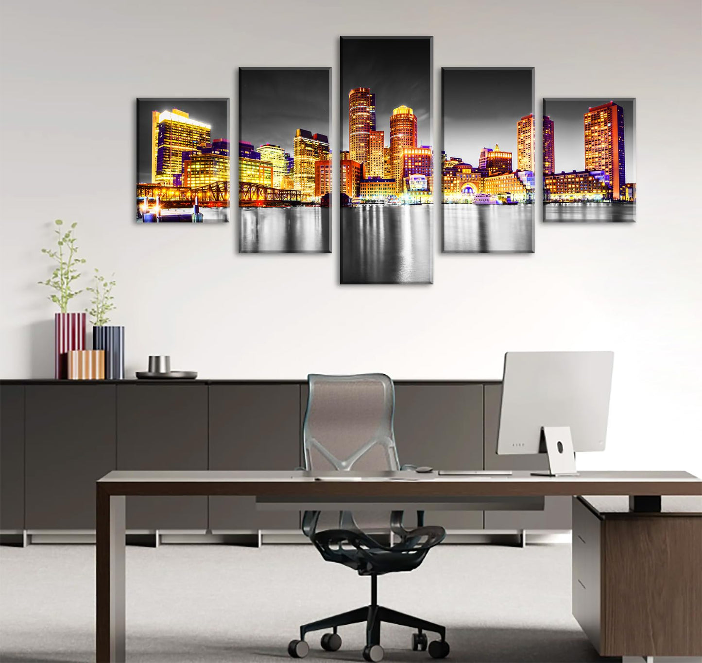 JiazuGo Living Room Wall Decor - Black and White Wall Art Boston City Pictures for Bedroom Large Size Boston Skyline Landscape Canvas Posters with Frame Ready to Hang(60" Wx 32" H)