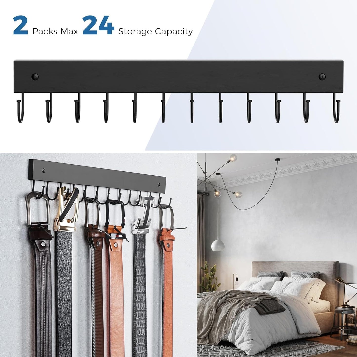 Skiennix Wooden Belt Hanger - Wall Mounted Organizer with 24 Storage Capacity | 180° Rotating Design in Black