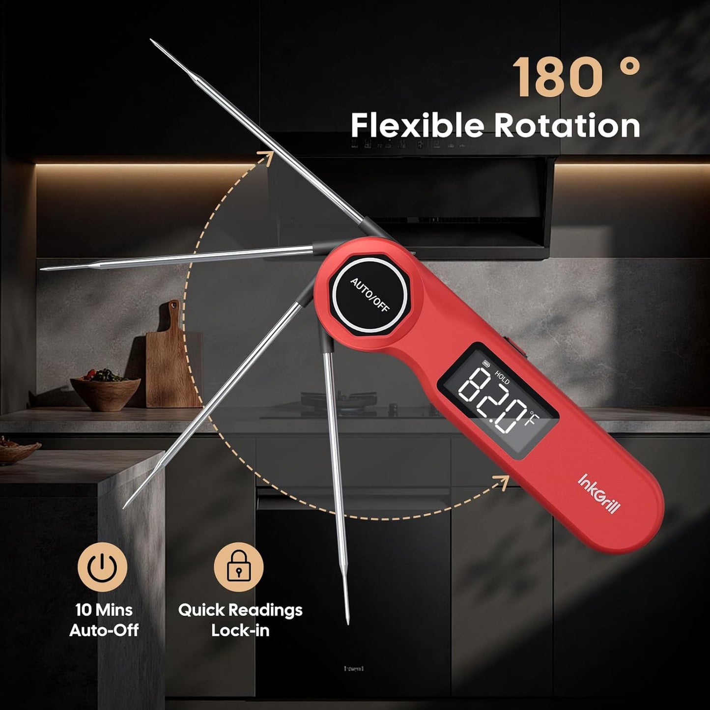 Skiennix Instant Read Meat Thermometer - Rechargeable Digital Cooking Thermometer with Waterproof Design | 1.42" Screen