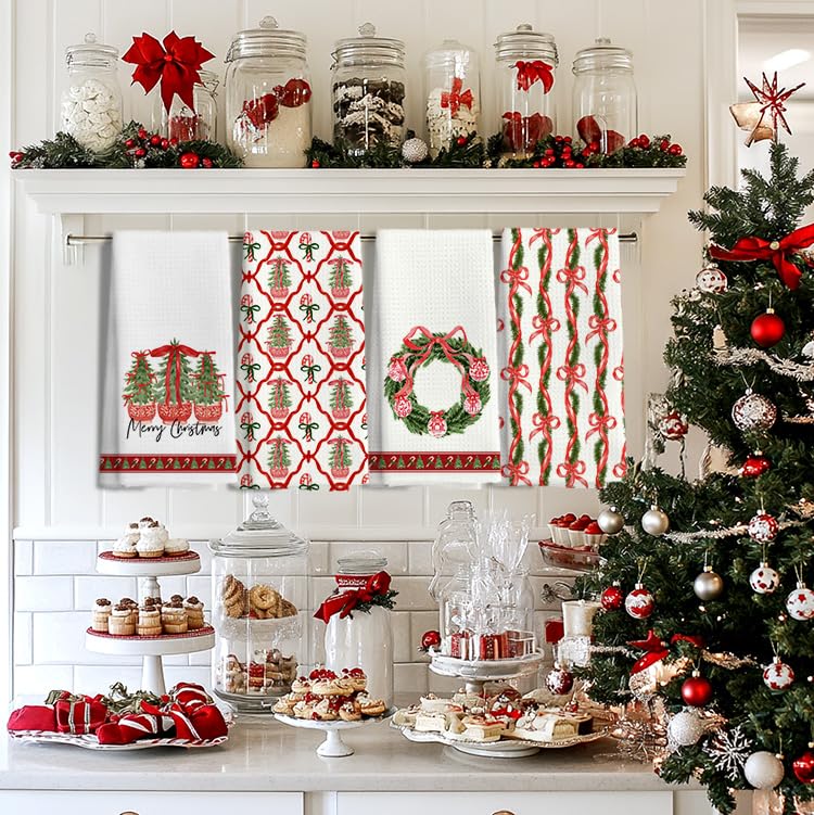 LUKIPOM Chinoiserie Red Xmas Kitchen Towels Set of 4 | 16x24 Inch, Coquette Bow Stripes