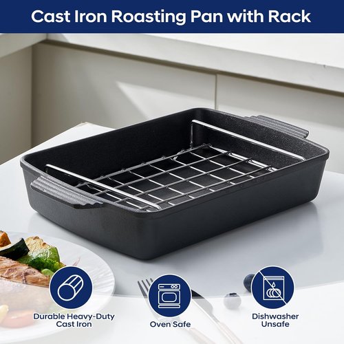 Cast Iron Roasting Pan - Heavy Duty Turkey Roaster with Rack | 9 x 12.6 Inch, Induction Compatible