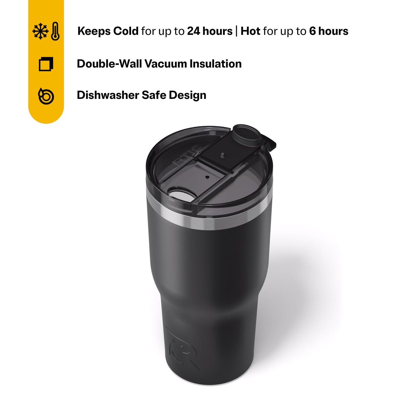 RTIC 30oz Essential Tumbler with Lid, Ceramic Lined, Insulated, Stainless Steel, Metal, Double Wall Vacuum-Insulation, Travel Cup for Iced Coffee, Tea, Hot and Cold Drink, Black
