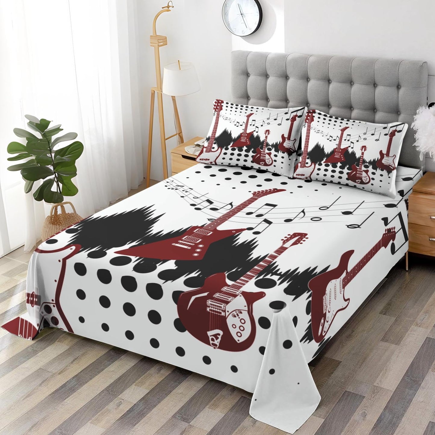 WeCozy Queen Size Bed Sheet Sets with Pillowcases, Guitar Rock Music 4 Pcs Soft Microfiber Bedding for Kids and Adults, Musical Play Flat, Fitted Sheet for Bedroom Bed Decor