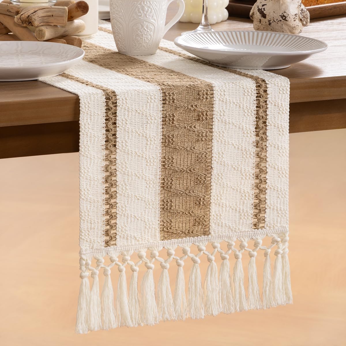 MLMW Boho Table Runner 48 inches Small Coffee Table Runner Rustic Burlap Macrame Jute Woven Table Decor Short Dresser Runners for Bedroom Living Room Home Decor