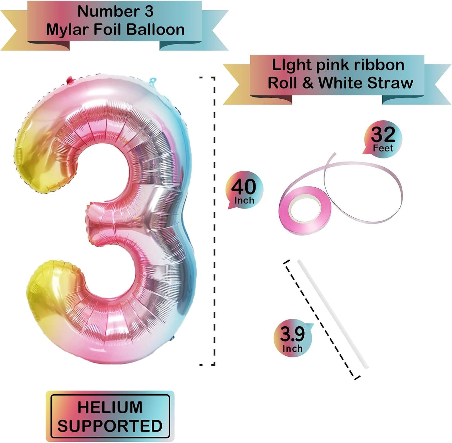Skiennix 40-Inch Giant Rainbow Number 3 Balloons - Helium Mylar Foil for Kids' Birthday Party & Baby Showers