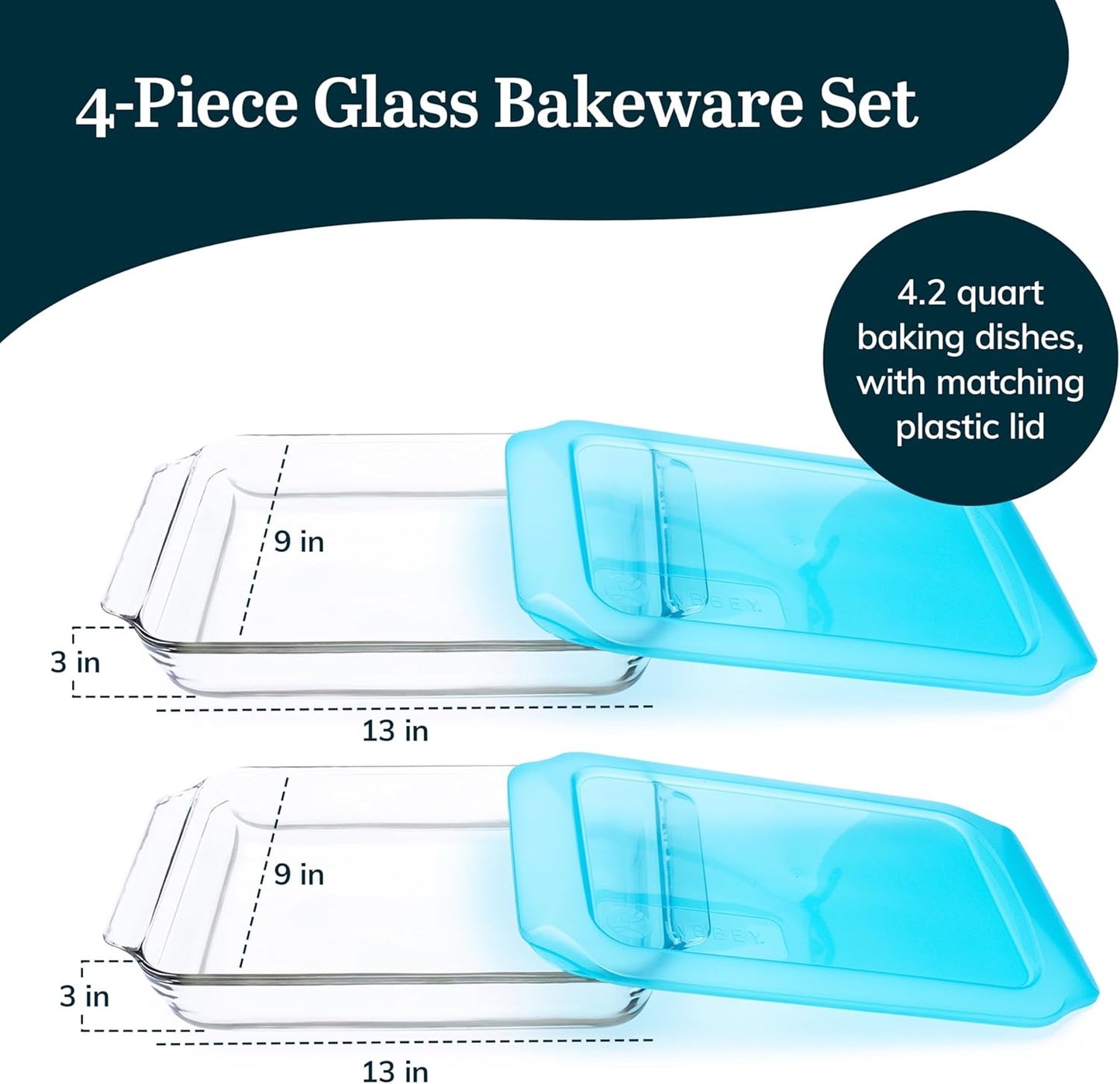 Libbey Baker’s Premium Glass Baking Dish Set - 2 Stackable Casserole Dishes with Lids for Lasagna & Cakes