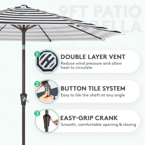 JEAREY 9FT Outdoor Patio Umbrella - Push Button Tilt & Crank | UV Protection, Waterproof, Black & White Stripe