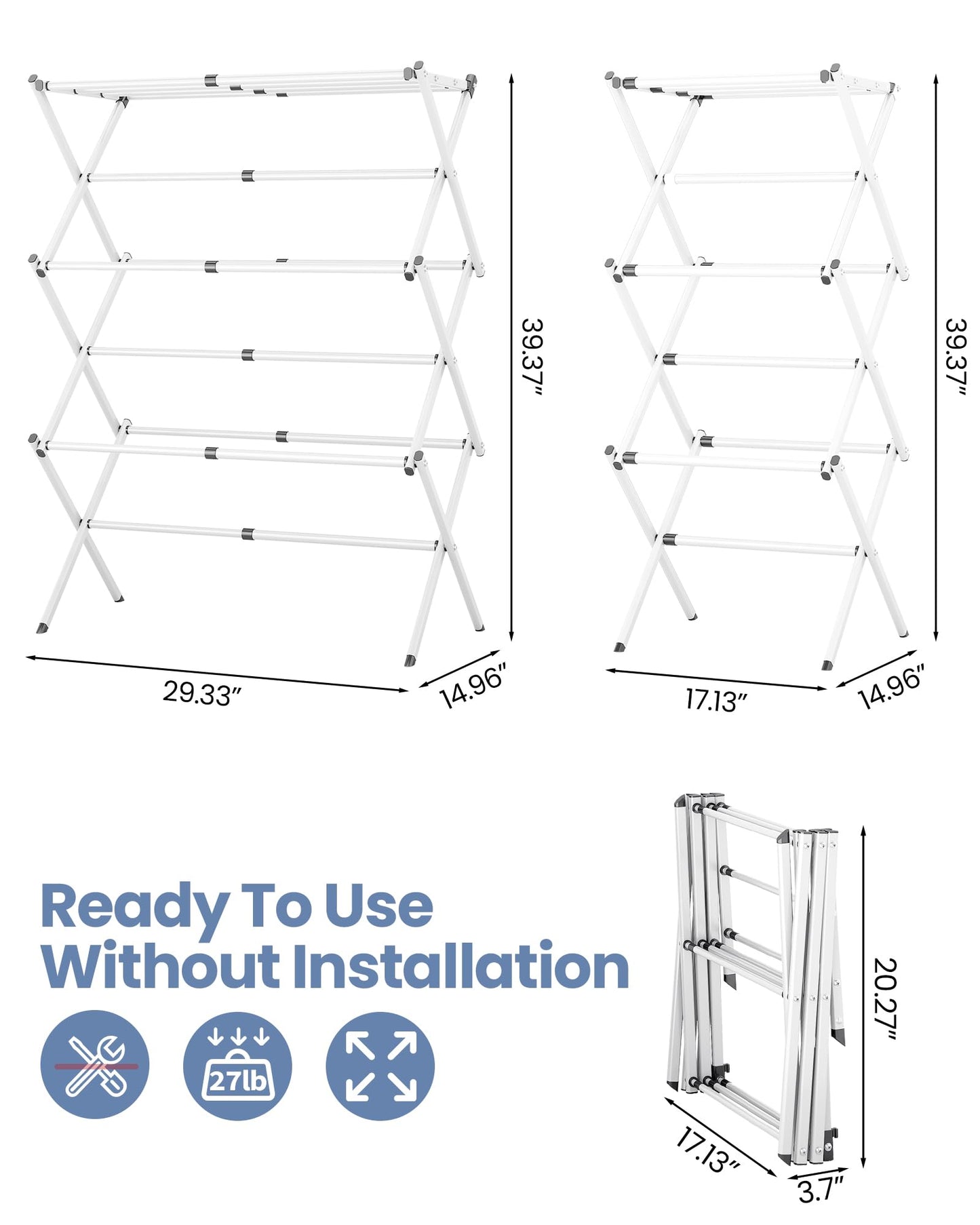 APEXCHASER Clothes Drying Rack Folding - 3 Tier Laundry Drying Rack for Clothes, Expandable Metal Clothing Dryer, Collapsible Towel Rack, Air Drying Rack, White