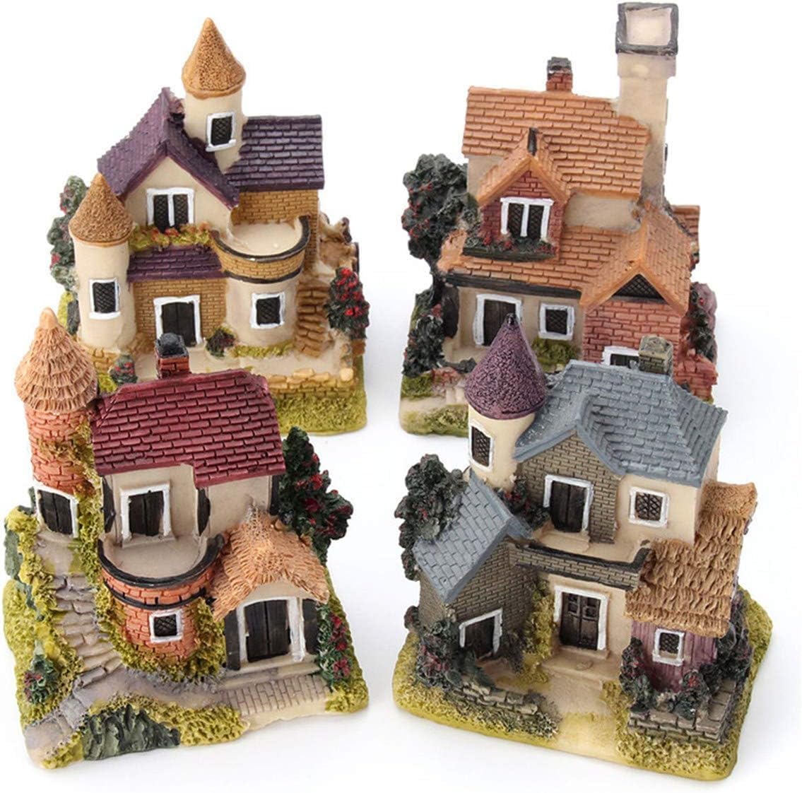 Skiennix Miniature House Fairy Garden Ornaments - 4PCS Resin Stone Village Decor for Terrariums