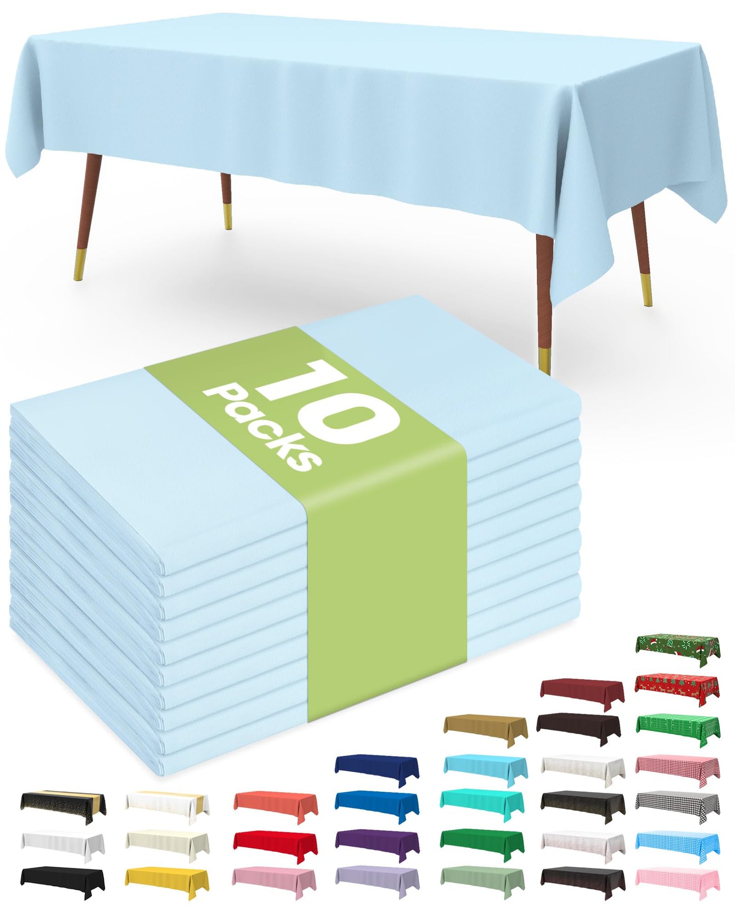 Pureegg Plastic Table Cloth Disposable 10 Pack, 54 x 108 Inch Table Cloths, Easter Party, Picnic, Wedding, Decorative Tablecloths, Rectangle, Baby Blue Plastic Cover, Leakproof & Sturdy, Light Blue