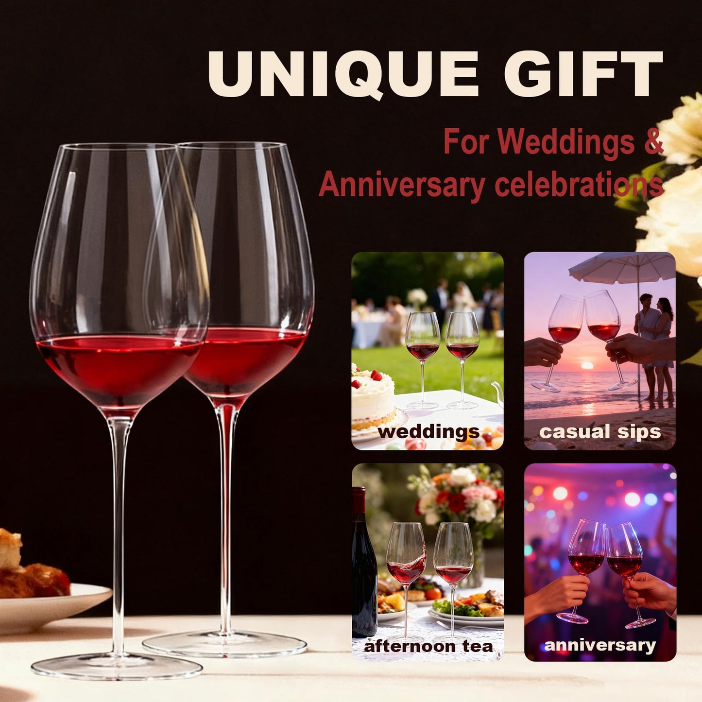 BinkMark Red Wine Glasses Set of 4 | 22oz Hand-Blown Crystal | Red Stem | Ultra-Thin Rim | For Wine Lovers, Date Nights, Anniversary Dinners | Lead-Free Certified | Gift Box