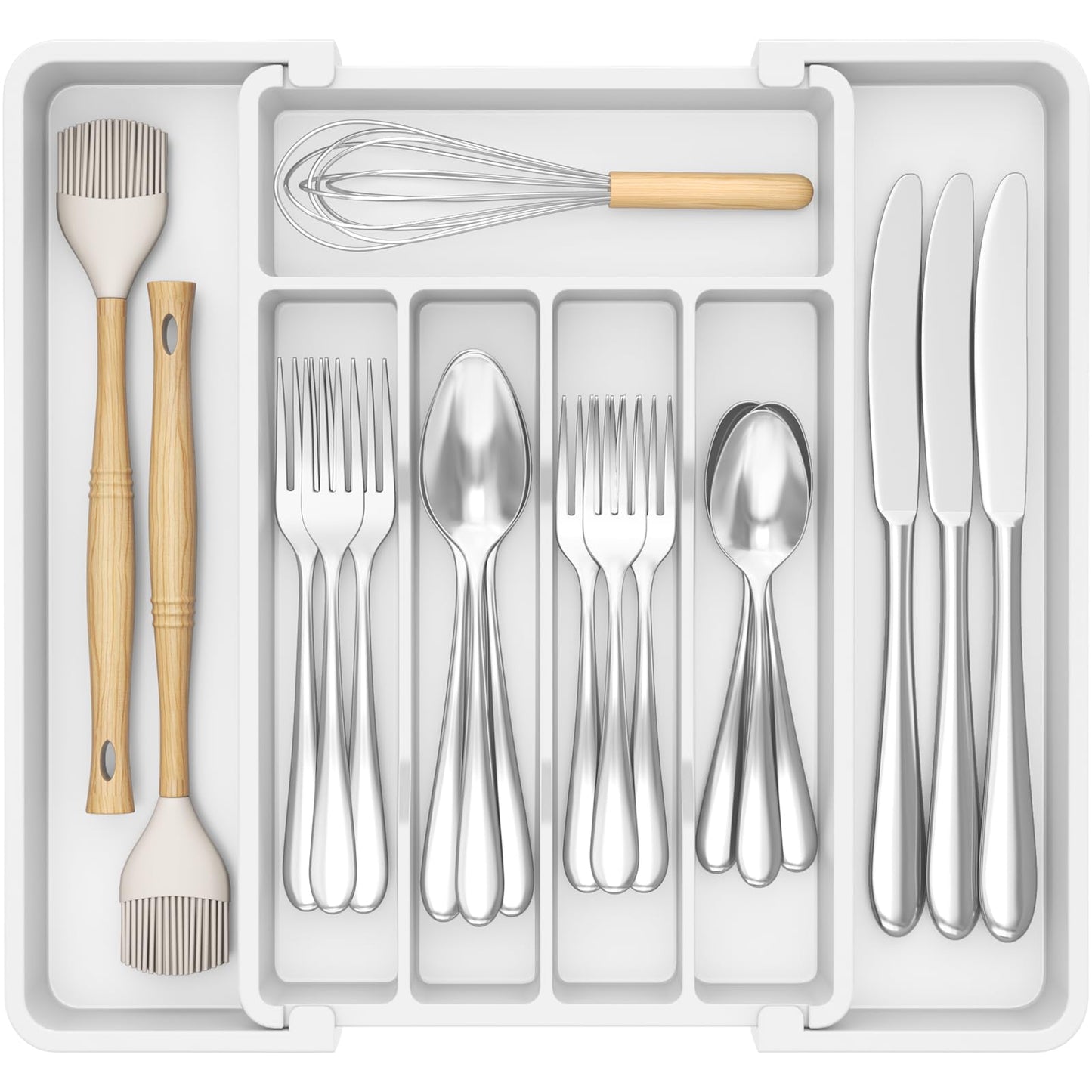 Lifewit Silverware Drawer Organizer, Expandable Utensil Tray for Kitchen, BPA Free Flatware and Cutlery Holder, Adjustable Plastic Storage for Spoons Forks Knives, 8.5-14 x 12", White