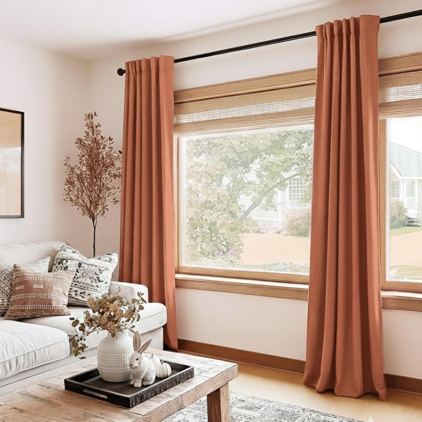 Skiennix 100% Blackout Linen Curtains - Thermal Insulated Drapes, 50" W x 96" L, Burnt Orange - 2 Panels Set