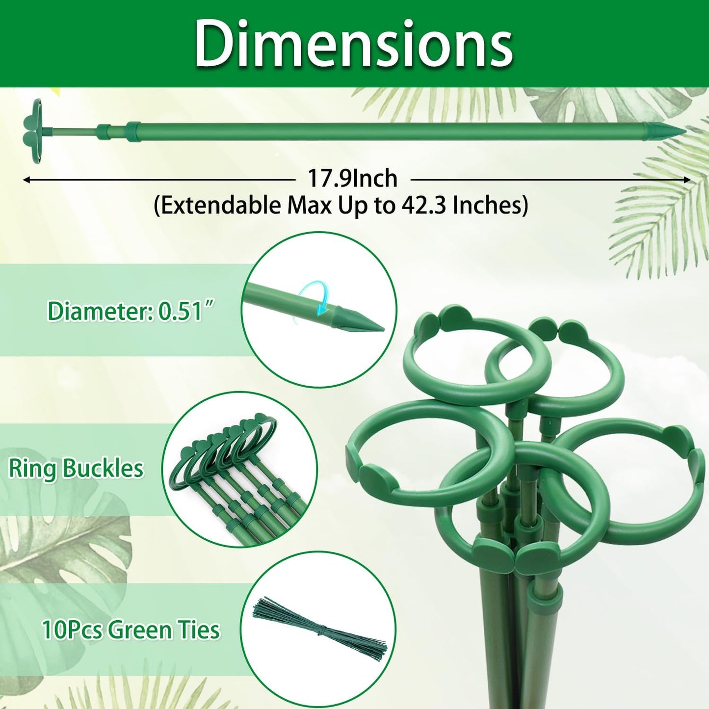 Skiennix Extendable Plant Stakes - Adjustable Support from 17.9" to 42.3" | 3-Pack for Indoor/Outdoor Use