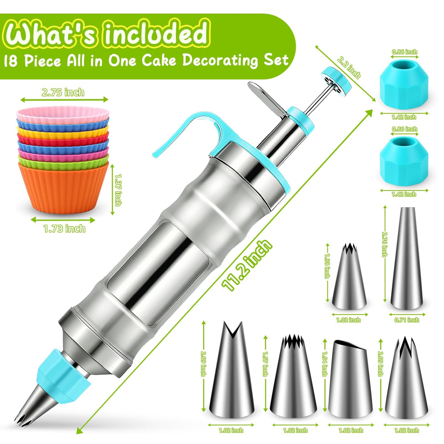 Novano Dessert Decorating Syringe Set, Frosting Piping Kit Stainless Steels Cake Decorating Kit with 6 Piping Tips & 9 silicone cupcakes, Cupcake Decorating Kit Piping Bags and Tips Set
