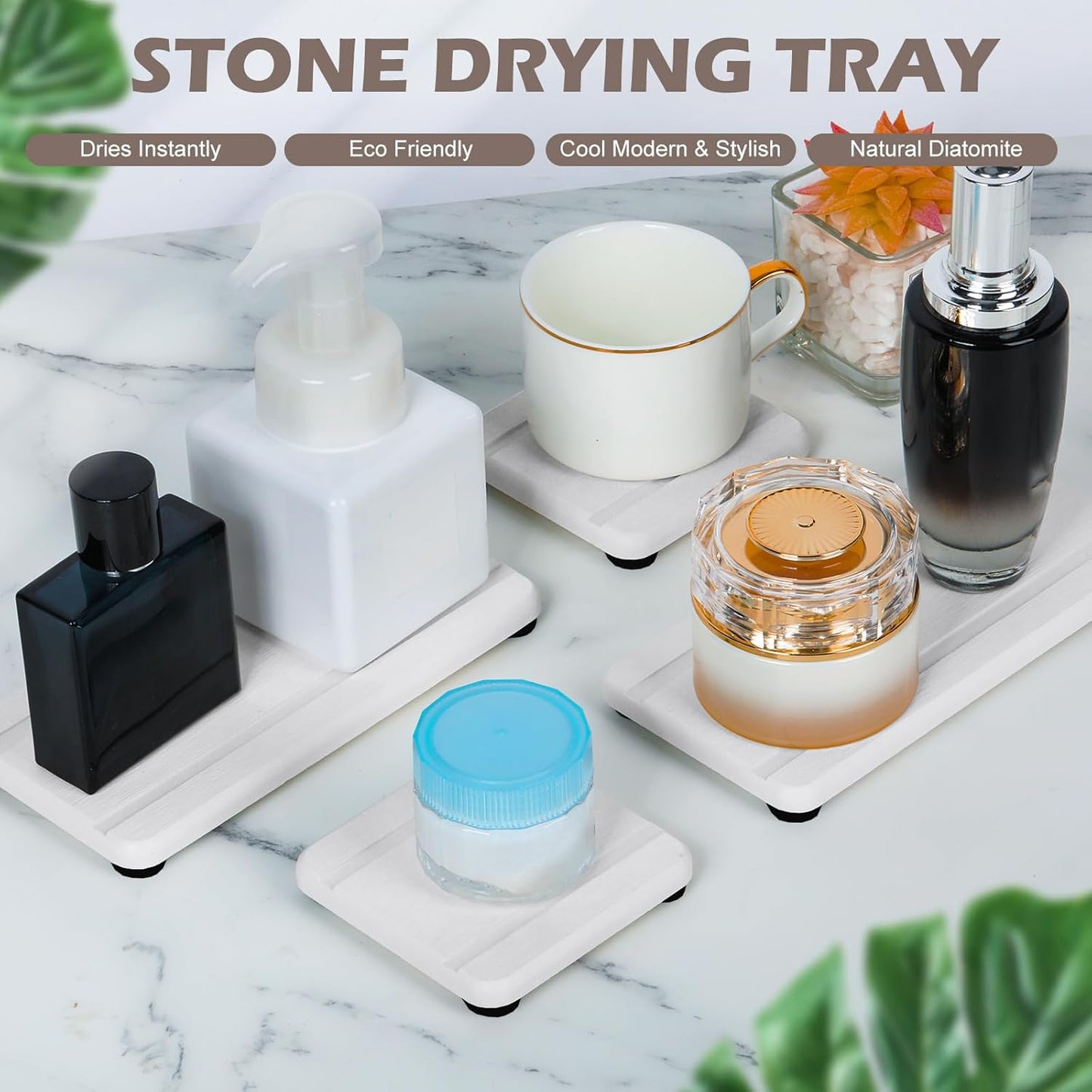 Skiennix 4PCS Stone Drying Trays - Water Absorbing Diatomaceous Earth Soap Dish Set for Kitchen & Bathroom