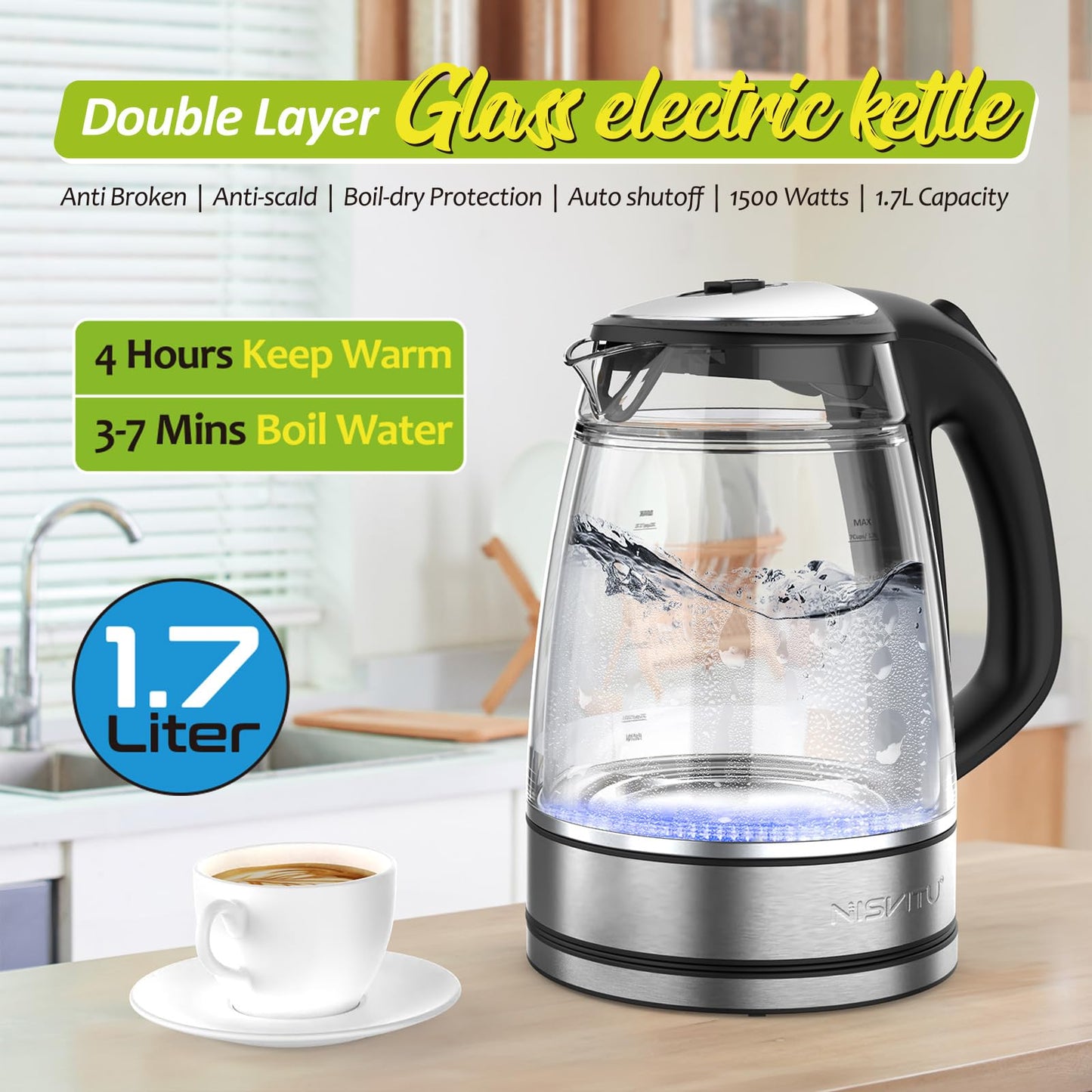 NISVITU Glass & Stainless Steel Cordless Electric kettle for boiling water, Hot water boiler Electric Tea Kettle automatic shut off Boil-Dry Protection, PC Outer + Glass Inner, 1500W, 1.7L, BK