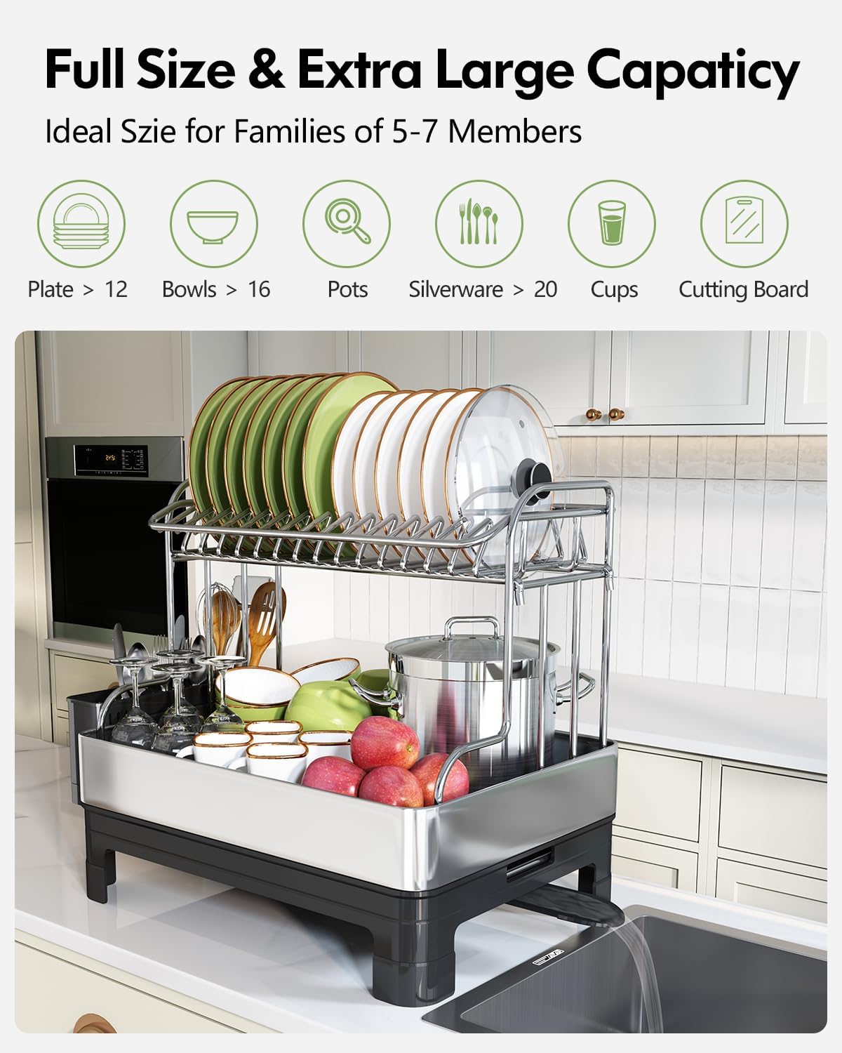 Skiennix Extra Large Stainless Steel Dish Drainer - Modern Black & Silver, Rust Proof, Space Saving Design