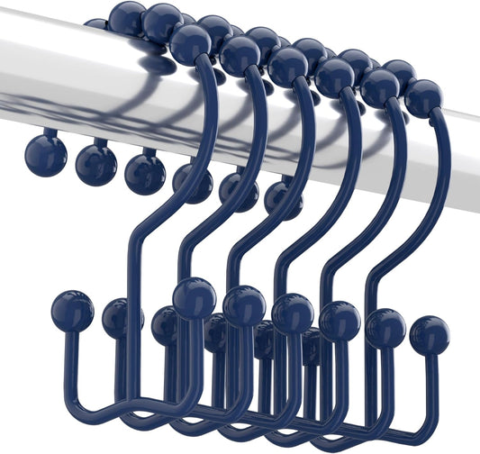 Titanker Shower Curtain Hooks - Rust-Resistant Metal Double Glide Design, Set of 12 - Navy Blue