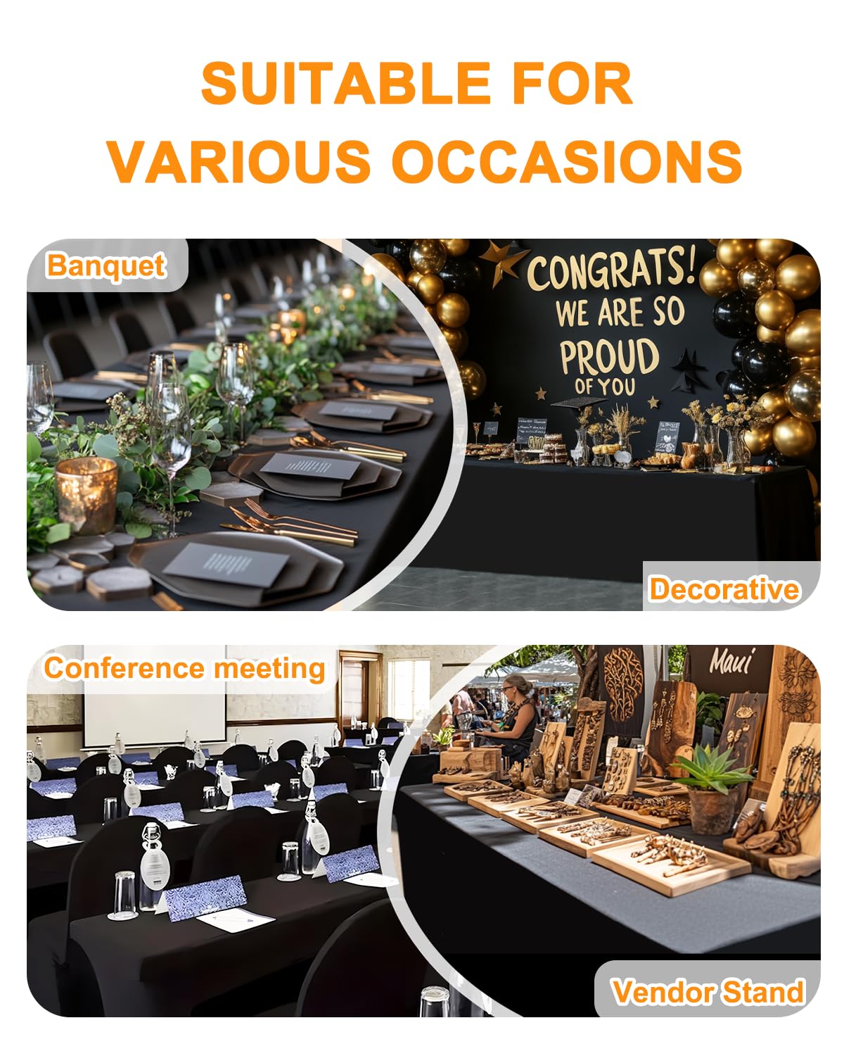 Spandex Table Cover 2 Pack 6FT Black Fitted Tablecloths,Washable Wrinkle Resistant Stretch Table Cloth Rectangle for Vendor Booth Display Items,Party Supplies for Adults,Wedding Decorations,Banquet