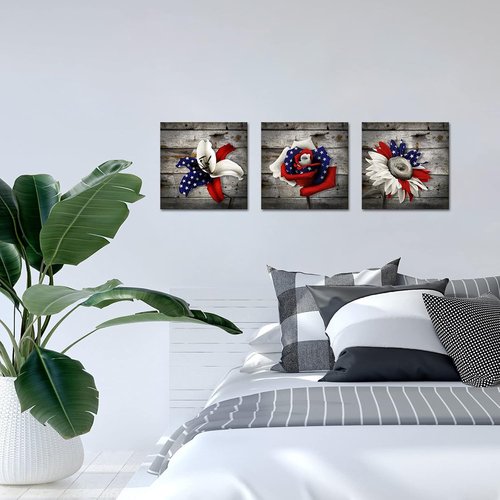 DuoBaorom Wall Art Set - Patriotic Blue Rose & Sunflower Canvas Prints | 12 x 12 Inches (3 Pieces)