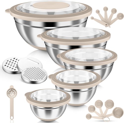 HaWare Mixing Bowls - 24-Piece Stainless Steel Set with Airtight Lids & Graters | Khaki, 4.6QT to 0.7QT