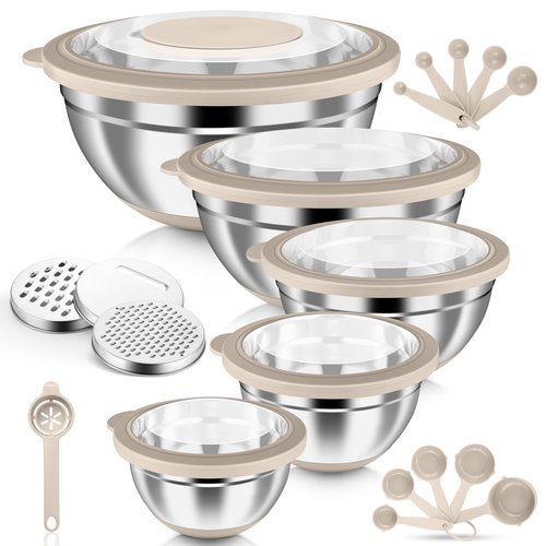 HaWare Mixing Bowls, 24-Piece Stainless Steel Salad Serving Bowl with Airtight Clear Lids, Metal Nesting Bowl For Kitchen Cooking Prepping Storing with 3 Graters, 4.6/2.6/1.5/1/0.7 QT, Khaki