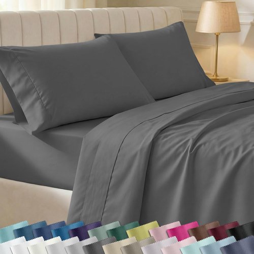 California Design Den Queen Sheet Set - 100% Cotton, 400 Thread Count, Silky Smooth Sateen, Deep Pockets - Grey