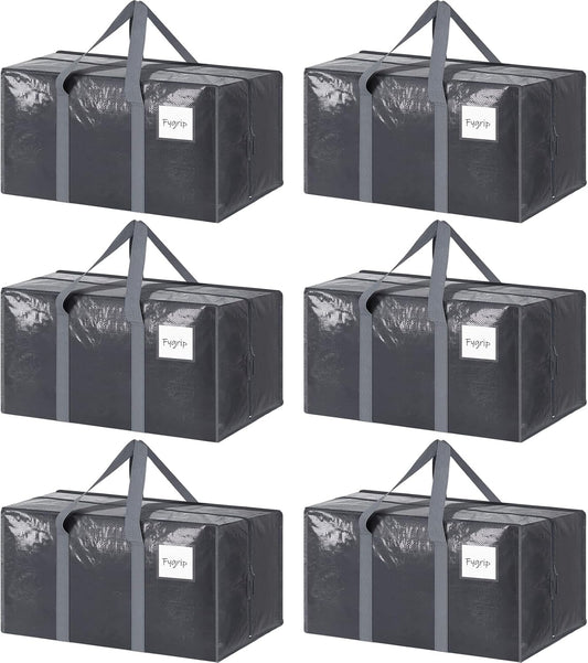Skiennix Extra Heavy Duty Moving Bags - 6 Pack with Strong Zipper & Comfortable Handles | Durable Gray Storage Totes