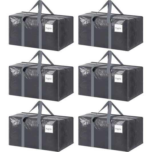 6 Pack Extra Heavy Duty Large Moving Bags with Strong Zipper & Comfortable Handles, Sturdy & Durable Clothes Storage Bags Totes Bins, Packing Moving Boxes for College Supplies, Gray
