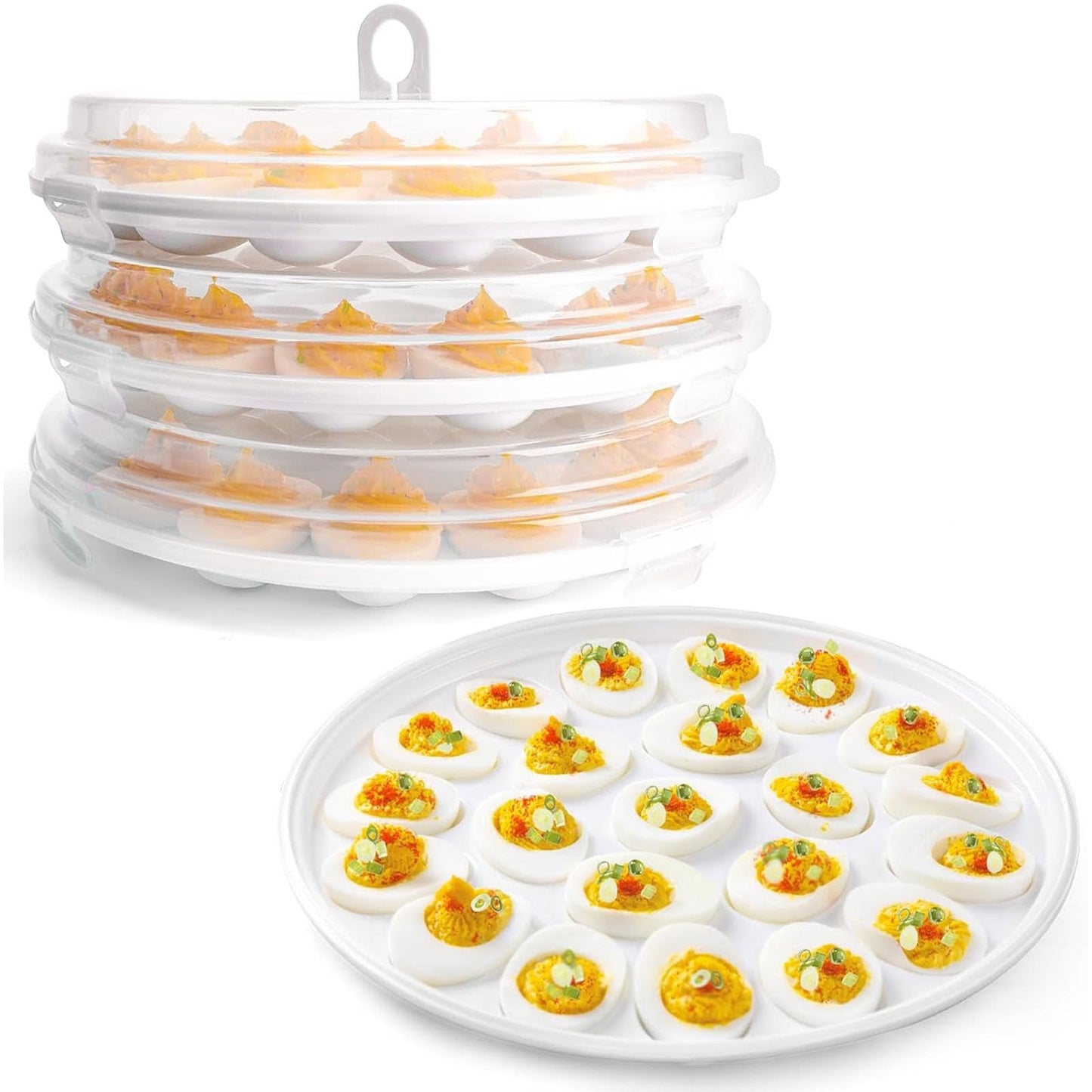 HANSGO Deviled Egg Containers with Lid, 3PCS Deviled Egg Platter Carrier Holder Trays with 66 Slots for Festival Party and Home Kitchen, White