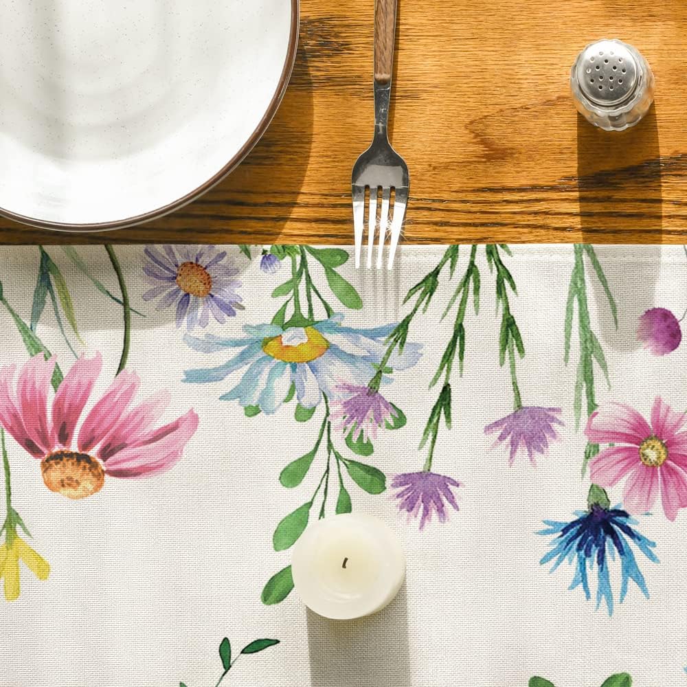 Artoid Mode Daisy Eucalyptus Lavender Floral Leaves Summer Table Runner, Spring Kitchen Dining Table Decoration for Home Party Decor 13x72 Inch