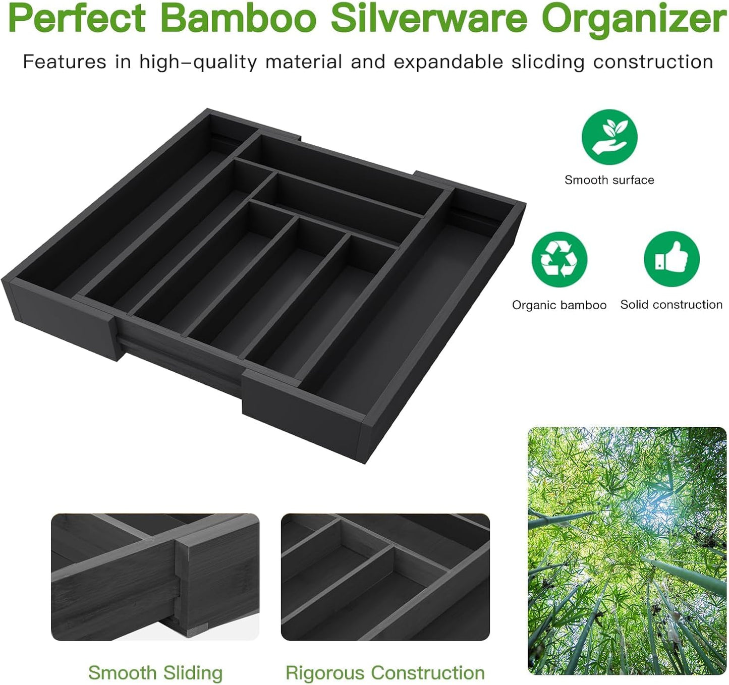 Pipishell Bamboo Drawer Organizer - Adjustable Utensil Holder with Wood Dividers | Black, Multi-Size