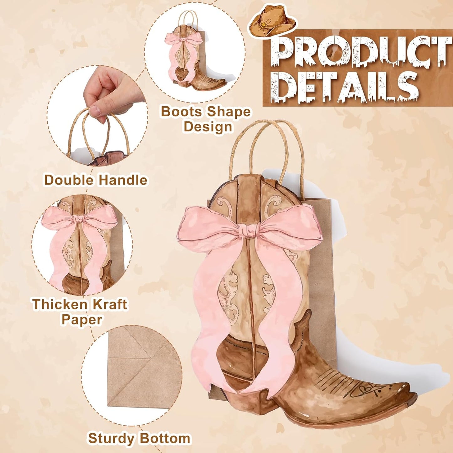 Sinload Western Gift Bags - Cowgirl Cowboy Boots Design with Pink Bow Handles | Brown Style, Perfect for Party Favors