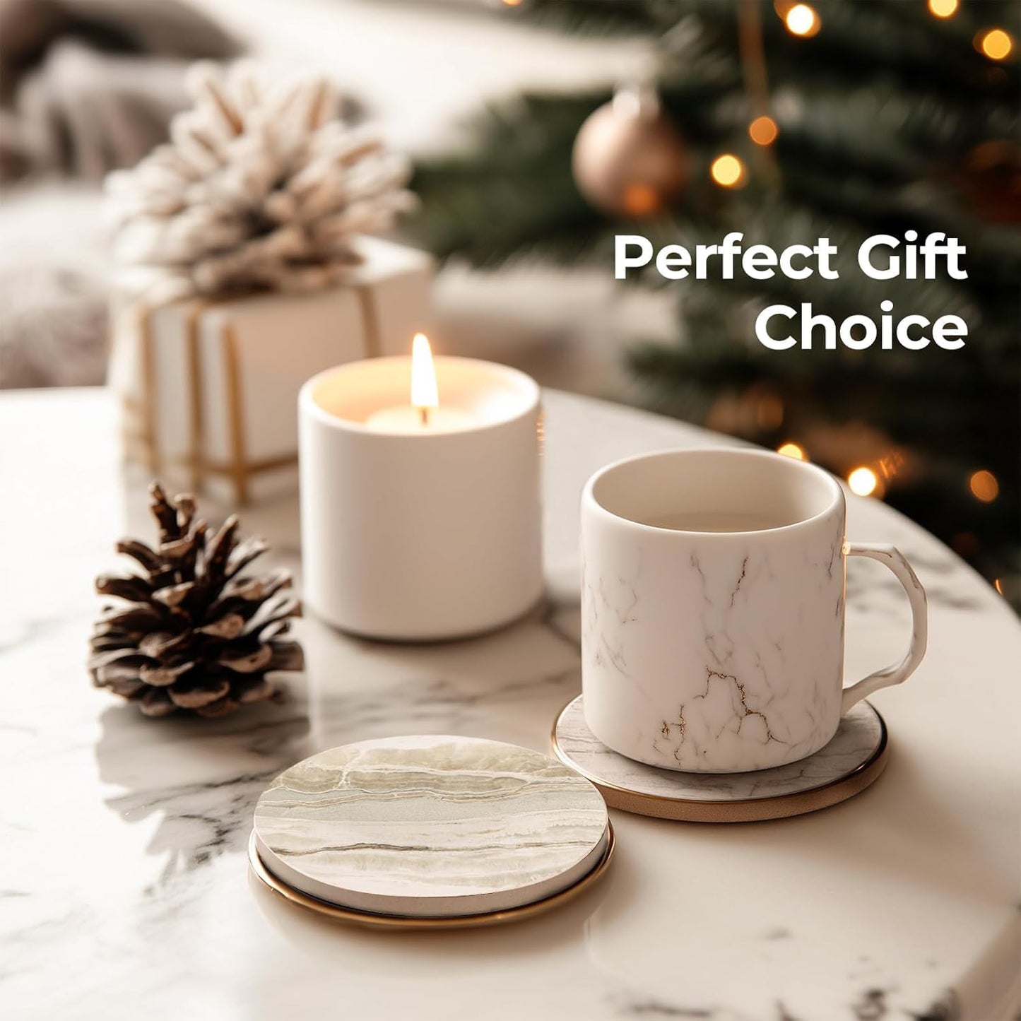 Ehigta Coasters Set of 6, Absorbent Drink Coaster with Holder, Marble Style Ceramic Stone Coasters for Drinks Coffee Tabletop Protection, Modern Furniture Coaster for Home Decor House Warming Gifts