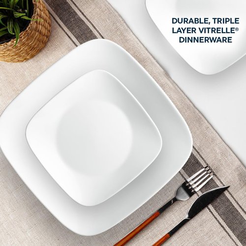 Corelle Vitrelle 18-Piece Dinnerware Set - Lightweight, Chip-Resistant Square Plates & Bowls | Pure White
