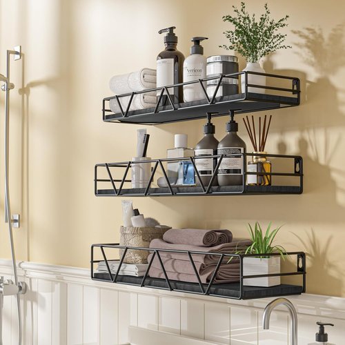 Amaoot Floating Shelves - Set of 3 Wall-Mounted Wood Shelves | Stylish Black Farmhouse Design for Home