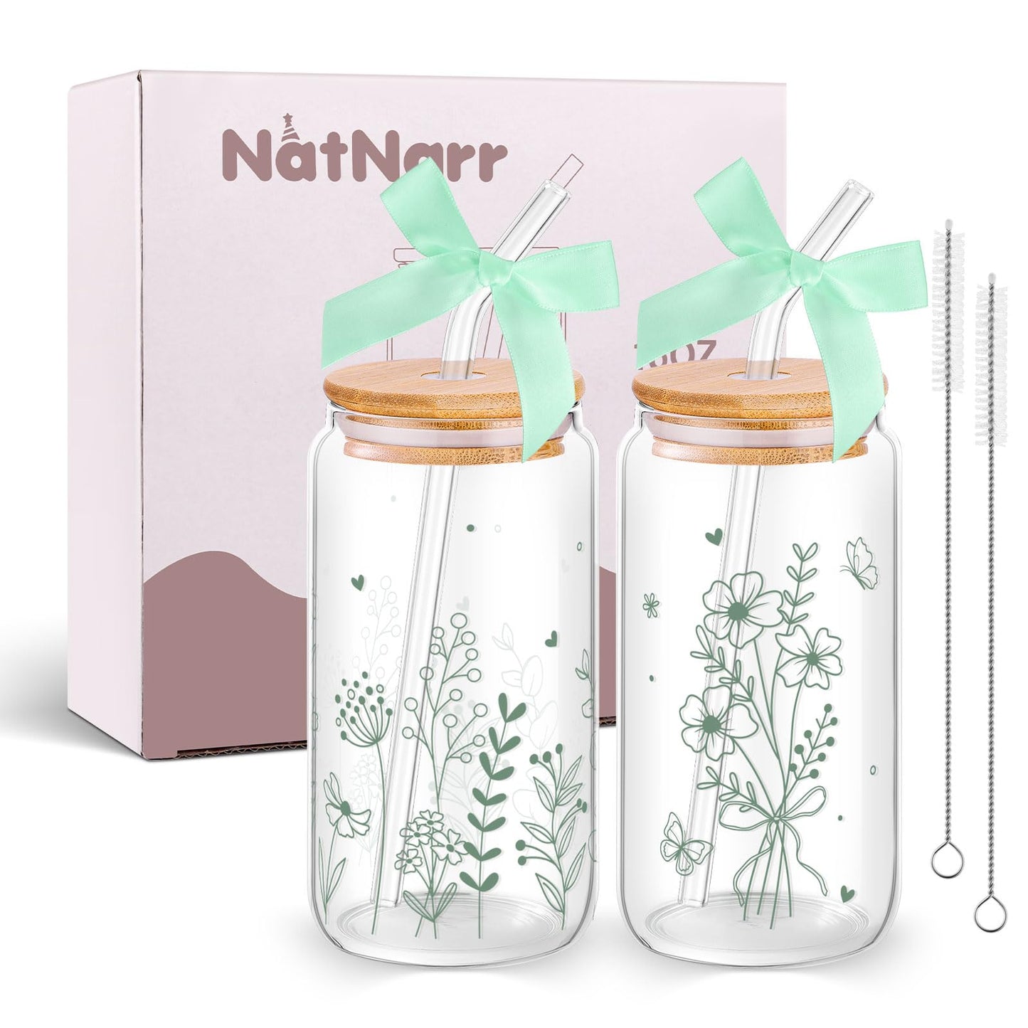 NatNarr 2 Pcs Glass Cups with Lids and Straws, Gifts for Women 16oz Sage Green Floral Glass Coffee Cups, Cute Aesthetic Glass Cup for Mothers Day Gifts Girls New Mom Birthday Baby Shower Party Gift