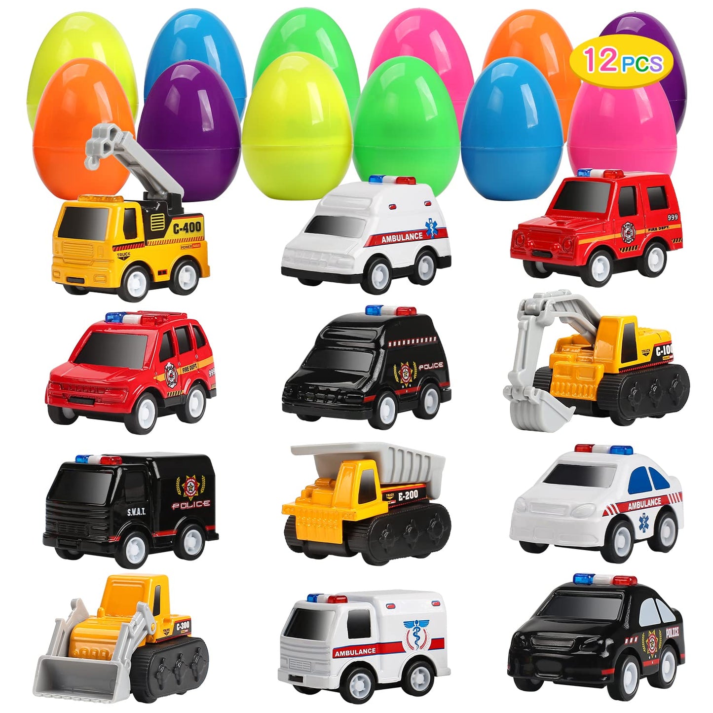 CUTE STONE 12 Pack Filled Easter Eggs with Alloy Pull Back Cars, Easter Basket Stuffers Easter Party Favors for Kids