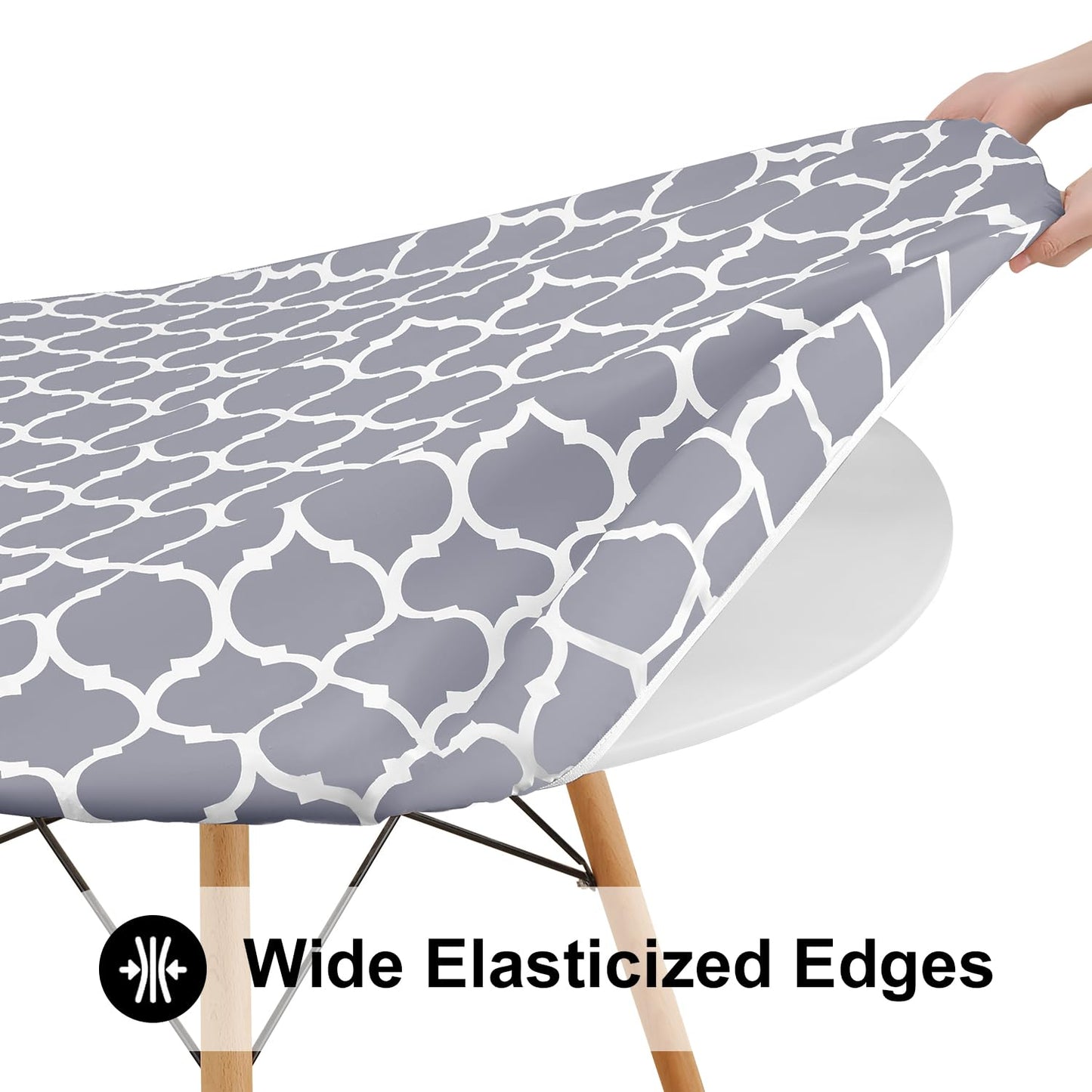 Smiry Round Picnic Tablecloth, Waterproof Elastic Fitted Table Covers for 45" - 56" Tables, Wipeable Flannel Backed Vinyl Tablecloths for Camping, Indoor, Outdoor, Grey & White