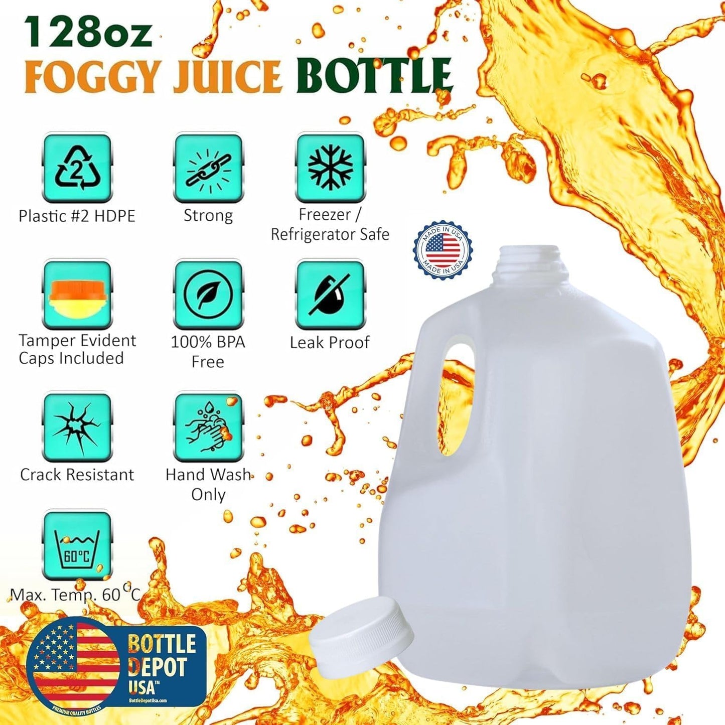 (4 PACK) 128 Oz Empty Plastic Gallon Juice Bottles with Tamper Evident WHITE Caps - Smoothie Bottles - Ideal for Juices, Milk, Smoothies, Picnic's and Even Meal Prep - Made in USA